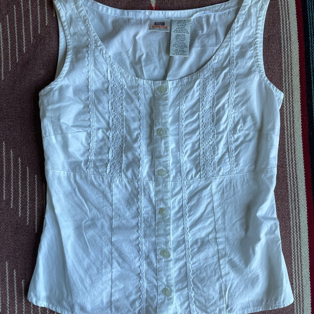 Lacy vintage Faded Glory Stretch white cotton tank blouse - Picture 2 of 7
